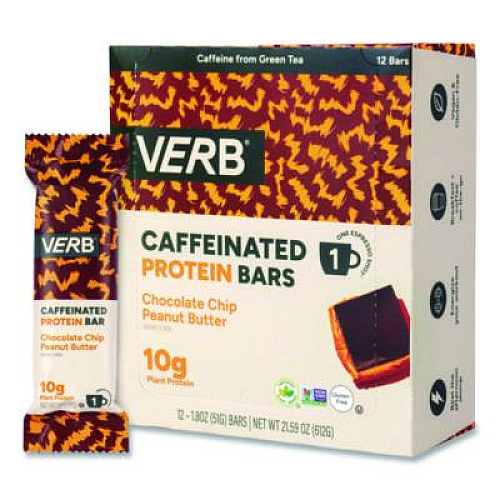 VERB Energy Caffeinated Protein Bar, Chocolate Chip Peanut Butter and Oatmeal Chocolate Chip, 1.8 oz Bar, 24/Box (60004177)