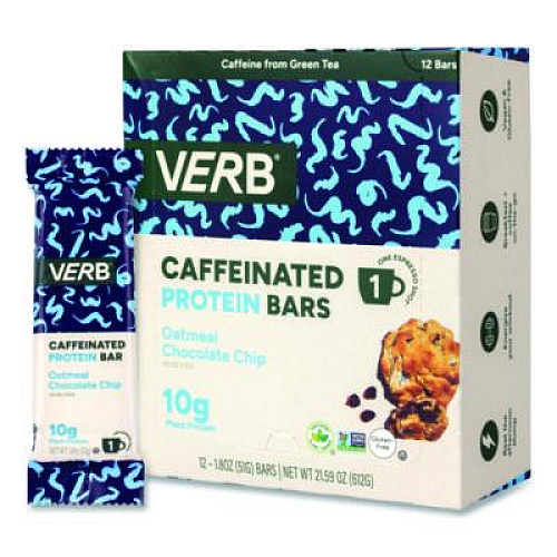 VERB Energy Caffeinated Protein Bar, Chocolate Chip Peanut Butter and Oatmeal Chocolate Chip, 1.8 oz Bar, 24/Box (60004177)