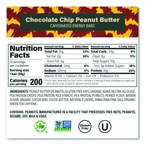 VERB Energy Caffeinated Protein Bar, Chocolate Chip Peanut Butter and Oatmeal Chocolate Chip, 1.8 oz Bar, 24/Box (60004177)