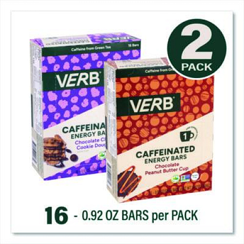 VERB Energy Caffeinated Energy Bar, Chocolate Peanut Butter Cup and Chocolate Chip Cookie Dough, 0.92  oz Bar, 32/Box (60004178)