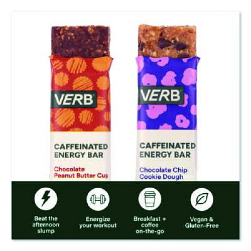 VERB Energy Caffeinated Energy Bar, Chocolate Peanut Butter Cup and Chocolate Chip Cookie Dough, 0.92  oz Bar, 32/Box (60004178)