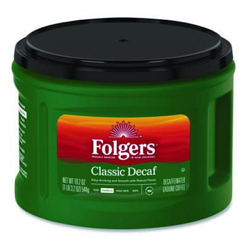 Folgers Classic Decaf Ground Coffee, Classic Roast Decaffeinated, 19.2 oz, Can, 6/Carton (00374CT)