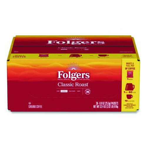 Folgers Classic Roast Ground Coffee Fraction Pack, 0.9 oz Fractional Pack, 36/Carton (06125)