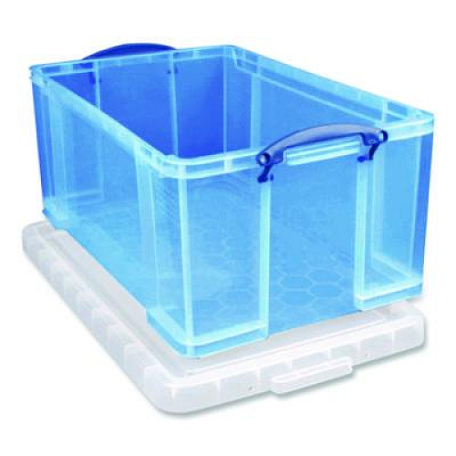 Really Useful Box Snap-Lid Storage Bin, 16.9 gal, 17.31" x 28" x 12.25", Transparent Blue (64LTBL)
