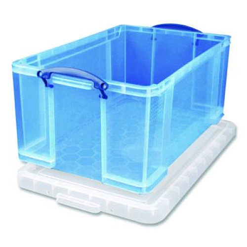 Really Useful Box Snap-Lid Storage Bin, 16.9 gal, 17.31" x 28" x 12.25", Transparent Blue (64LTBL)