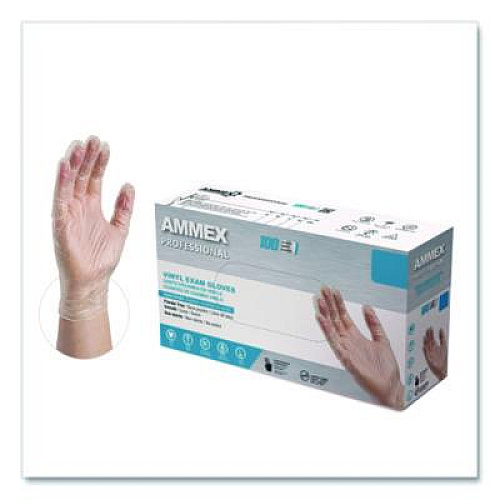 AMMEX Professional Vinyl Exam Gloves, Powder-Free, Large, Clear, 100/Box (VPF66100)