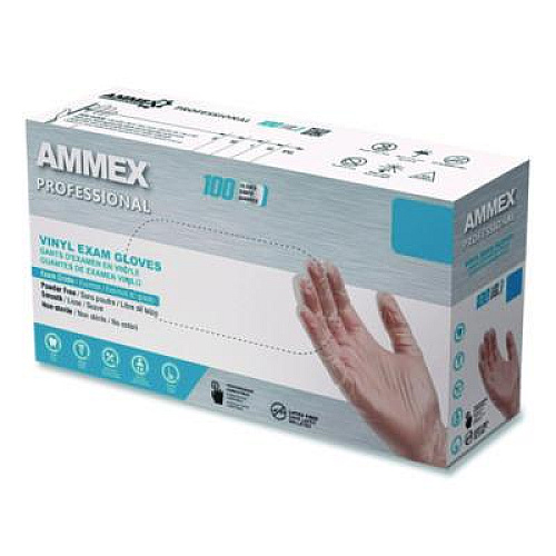 AMMEX Professional Vinyl Exam Gloves, Powder-Free, Large, Clear, 100/Box (VPF66100)
