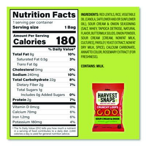 Harvest Snaps Crunchy Loops, Sour Cream and Onion, 1.35 oz Bag, 8/Box (22002516)