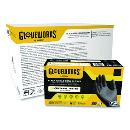 GloveWorks by AMMEX Nitrile Exam Gloves, Powder-Free, Medium, 7 mil Thick, 9.5" Long, Black, 100/Box, 10 Boxes/Carton (GWBEN44100CT)
