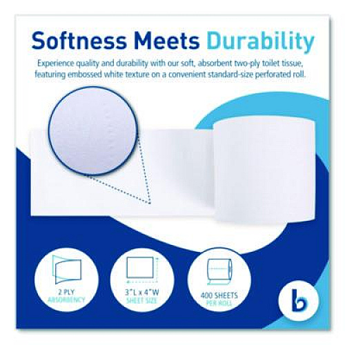 Boardwalk Two-Ply Toilet Tissue, Septic Safe, White, 400 Sheets/Roll, 96 Rolls/Carton (6144)