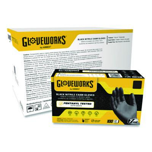 GloveWorks by AMMEX Nitrile Exam Gloves, Powder-Free, X-Large, 7 mil Thick, 9.5" Long, Black, 100/Box, 10 Boxes/Carton (GWBEN48100CT)