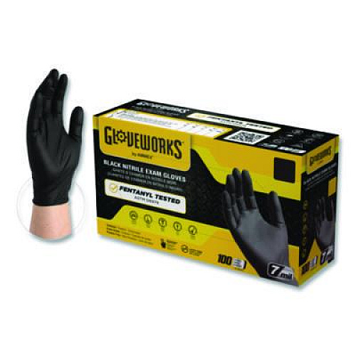 GloveWorks by AMMEX Nitrile Exam Gloves, Powder-Free, X-Large, 7 mil Thick, 9.5" Long, Black, 100/Box, 10 Boxes/Carton (GWBEN48100CT)
