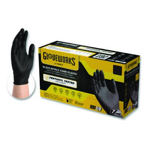 GloveWorks by AMMEX Nitrile Exam Gloves, Powder-Free, Medium, 7 mil Thick, 9.5" Long, Black, 100/Box, 10 Boxes/Carton (GWBEN44100CT)