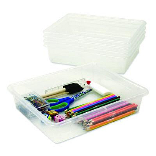 Storex Storage Tray, Flat, 1.69 gal, 10.65" x 13.17" x 2.96", Translucent, 5/Pack (62565U05C)