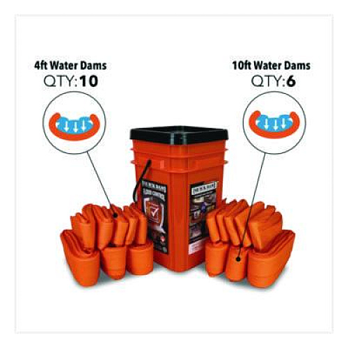 Quick Dam Indoor Bucket Kit, (1) Bucket, (10) 4 ft Water Dams, (6) 10 ft Water Dams (WUGGCO)