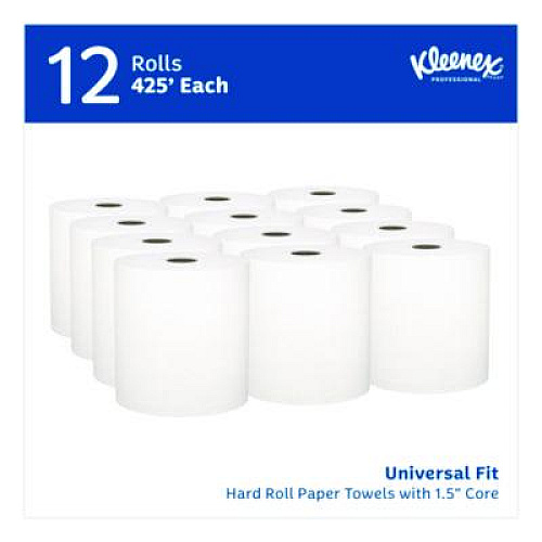 Kleenex Universal Hard Roll Paper Towels with Premium Absorbency Pockets, 1-Ply, 8" x 425 ft, 1.5" Core, White, 12 Rolls/Carton (01080)