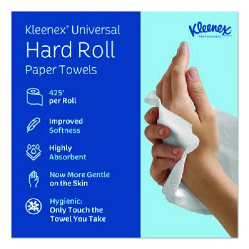 Kleenex Universal Hard Roll Paper Towels with Premium Absorbency Pockets, 1-Ply, 8" x 425 ft, 1.5" Core, White, 12 Rolls/Carton (01080)