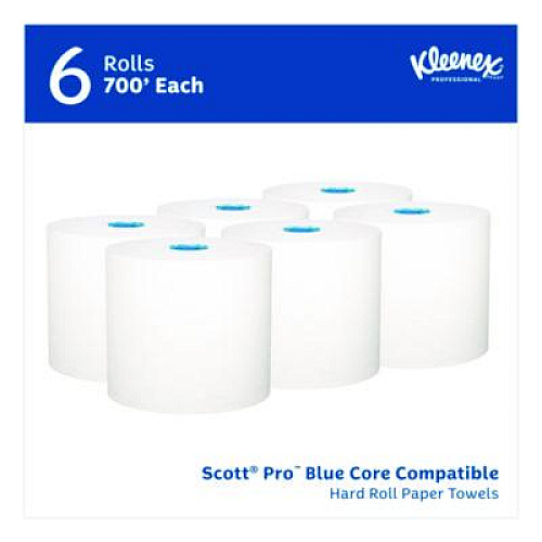 Kleenex Hard Roll Paper Towels with Premium Absorbency Pockets with Colored Core, Gray Core, 1-Ply, 7.5" x 700 ft, White, 6 Rolls/CT (25639)