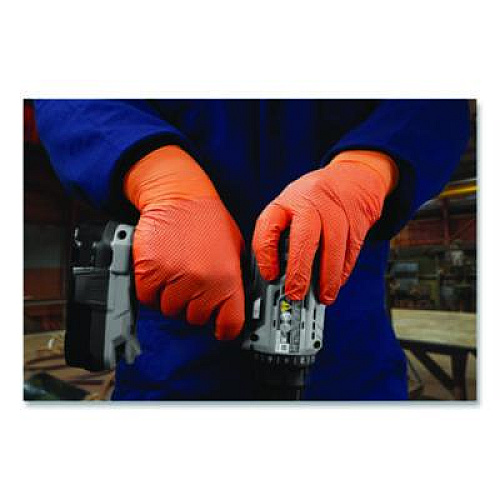 GloveWorks by AMMEX Ultra Industrial Flock-Lined Nitrile Disposable Gloves, Large, 8 mil Thick, 9.06" Long, Orange, 50/Box, 10 Boxes/Carton (GWUOFN46050)