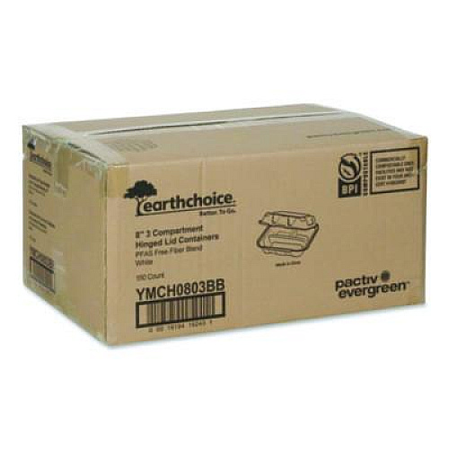 Pactiv Evergreen EarthChoice Bagasse Hinged Lid Container, 7.8 x 7.8 x 2.8, White, 150/Carton (YMCH0803BB)