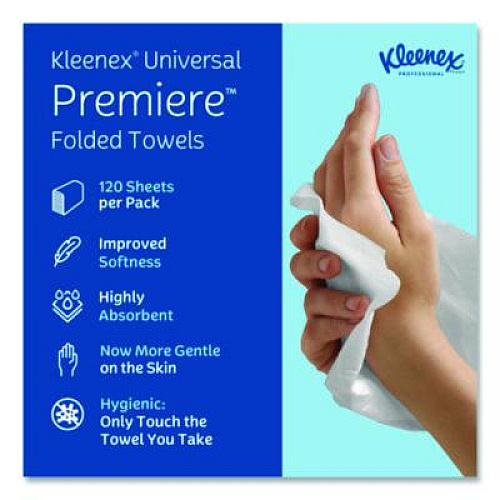 Kleenex Premiere Folded Towels, 1-Ply, 9.4 x 12,4, White, 120/Pack, 25 Packs/Carton (13254)