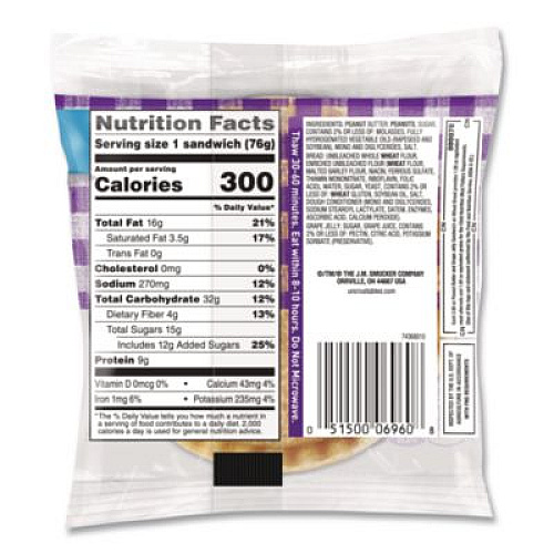 Smucker's UNCRUSTABLES Peanut Butter and Grape Jelly on Wheat Bread, 2.6 oz Bag, 48/Carton (22002219)