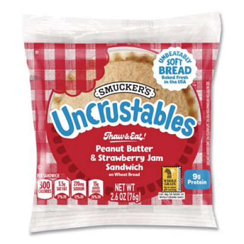 Smucker's UNCRUSTABLES Peanut Butter and Strawberry Jam on Wheat Bread, 2.6 oz Bag, 48/Carton (22002220)