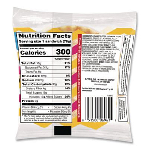 Smucker's UNCRUSTABLES Peanut Butter and Strawberry Jam on Wheat Bread, 2.6 oz Bag, 48/Carton (22002220)