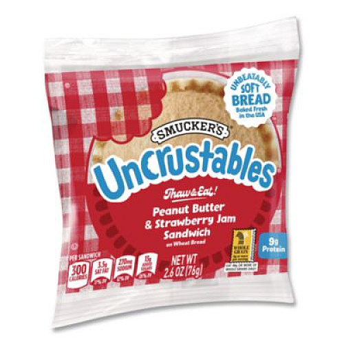 Smucker's UNCRUSTABLES Peanut Butter and Strawberry Jam on Wheat Bread, 2.6 oz Bag, 48/Carton (22002220)