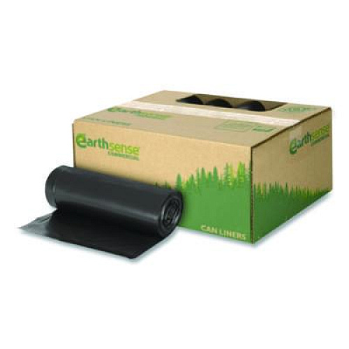 Earthsense Commercial Linear Low Density Recycled Can Liners, 60 Gallon, 1.65 mil, 38" x 58", Black, 10 Bags/Roll, 10 Rolls/Carton (RNW6060)
