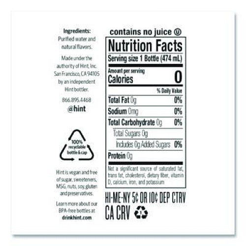 hint Flavored Water, Cherry, 16 oz Bottle, 12 Bottles/Carton (00157)