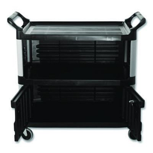 Rubbermaid Commercial Xtra Equipment Cart, Plastic, 3 Shelves, 300 lb Capacity, 20.75" x 40.63" x 37.8", Black (4095BLA)