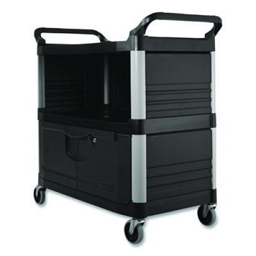 Rubbermaid Commercial Xtra Equipment Cart, Plastic, 3 Shelves, 300 lb Capacity, 20.75" x 40.63" x 37.8", Black (4095BLA)