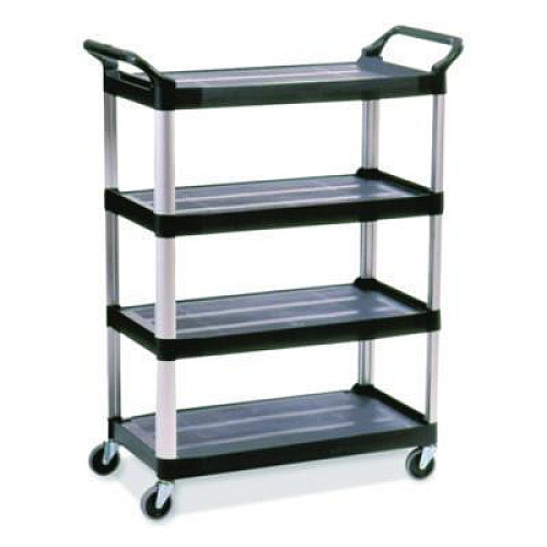 Rubbermaid Commercial Xtra Utility Cart with Open Sides, Plastic, 4 Shelves, 400 lb Capacity, 40.63" x 20" x 51", Black (409600BLA)