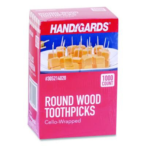 Handgards Individually Wrapped Round Wood Toothpicks, 4", Natural, 1,000/Box, 12 Boxes/Carton (HND14020)