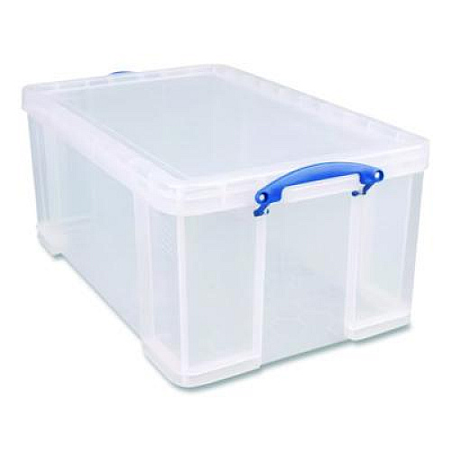 Really Useful Box Snap-Lid Storage Bin, 16.9 gal, 17.31" x 28" x 12.25", Clear/Blue (64CCB)