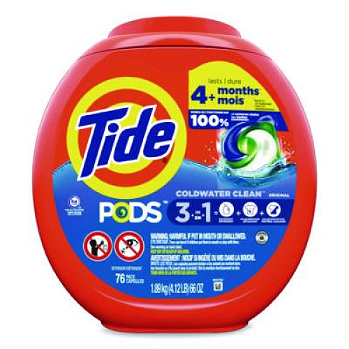 Tide PODS Laundry Detergent, HE Compatible, Coldwater Clean Original, 66 oz Tub, 76 Pods/Tub, 4 Tubs/Carton (09165CT)