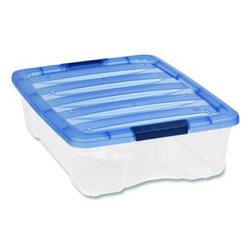 IRIS Stack and Pull Latching Flat Lid Storage Box, 6.73 gal, 16.5" x 22" x 6.5", Clear/Translucent Blue (100364)