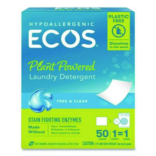 ECOS Liquidless Laundry Detergent Sheets, Free and Clear, 50 Sheets/Pack, 10 Packs/Carton (953710CT)