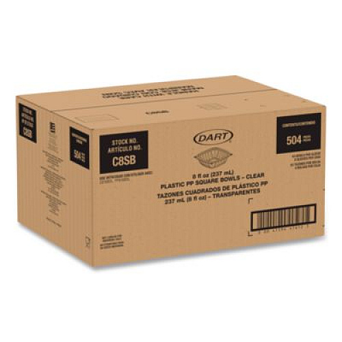 Dart Square Plastic Bowls, 8 oz, 8.5 x 8.5 x 1.51, Clear, Plastic, 63 Bowls/Sleeve, 8 Sleeves/Carton (C8SB)