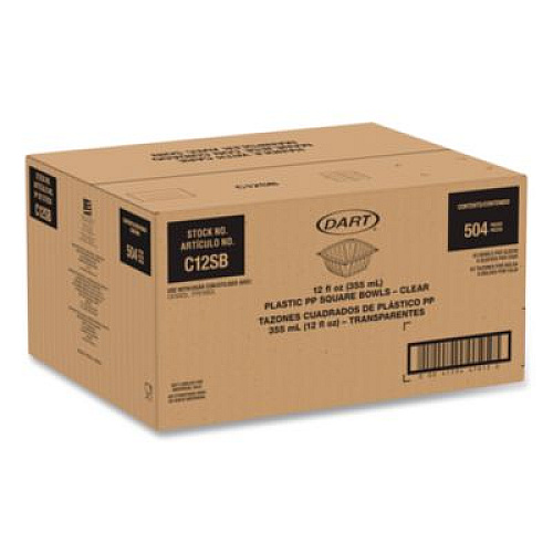 Dart Square Plastic Bowls, 12 oz, 8.5 x 8.5 x 2.64, Clear, Plastic, 63 Bowls/Sleeve, 8 Sleeves/Carton (C12SB)