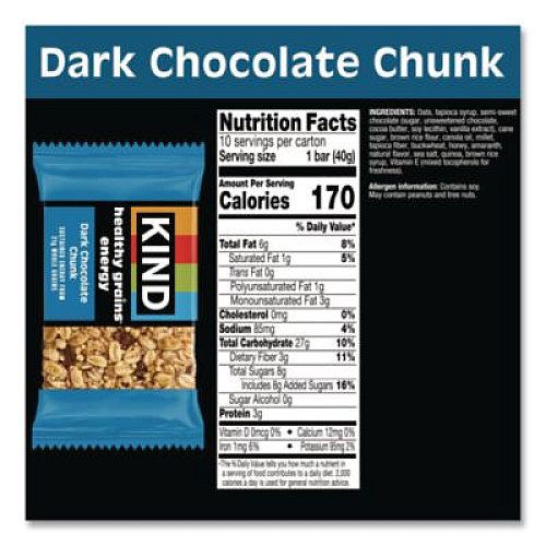 KIND Healthy Grains Energy Dark Chocolate Chunk Bars, 1.4 oz Bar, 10/Box (67074)