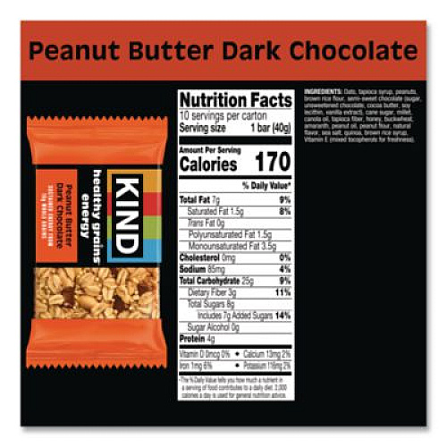 KIND Healthy Grains Energy Peanut Butter Dark Chocolate Bars, 1.4 oz Bar, 10/Box (67075)