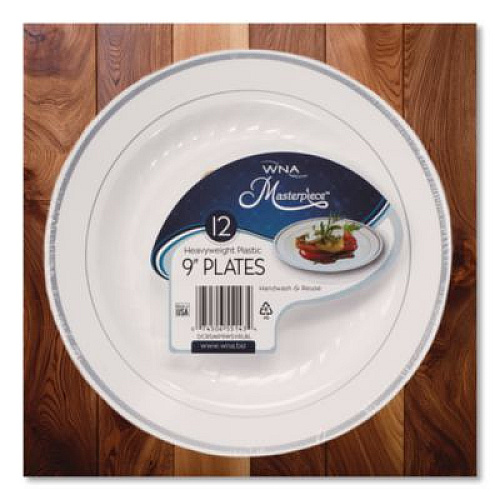 WNA Masterpiece Plastic Dinnerware, 9" dia, White/Silver, 10/Pack (RSM91210WSPK)