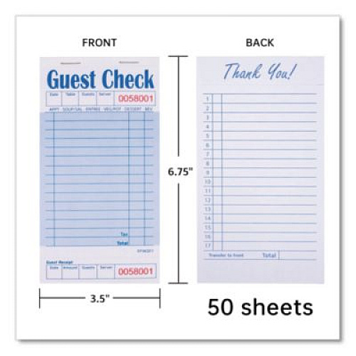 AmerCareRoyal Guest Check Pad with Ruled Back, 15 Lines, One-Part (No Copies), 3.5 x 6.7, 50 Forms/Pad, 50 Pads/Carton (GC36321)