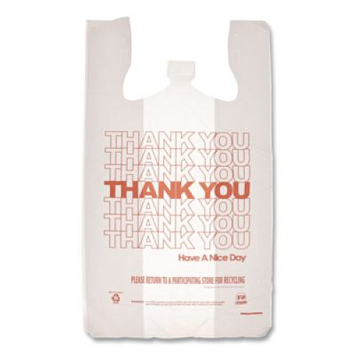 AmerCareRoyal Thank You Bags, Thank You - Have a Nice Day Labeling, Cut-Out Handles, 11.5" x 6.5" x 21", White/Red, 1,000/Carton (RPTYB6)