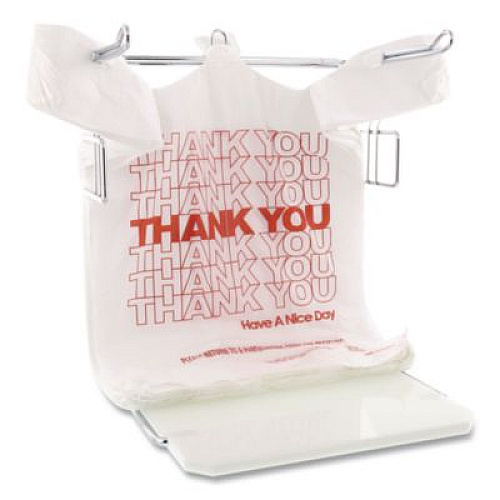 AmerCareRoyal Thank You Bags, Thank You - Have a Nice Day Labeling, Cut-Out Handles, 11.5" x 6.5" x 21", White/Red, 1,000/Carton (RPTYB6)