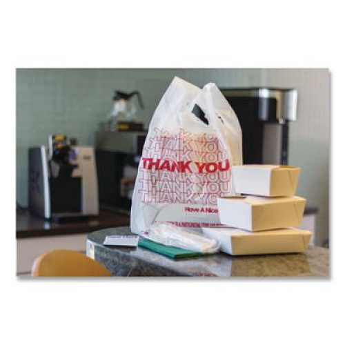 AmerCareRoyal Thank You Bags, Thank You - Have a Nice Day Labeling, Cut-Out Handles, 11.5" x 6.5" x 21", White/Red, 1,000/Carton (RPTYB6)