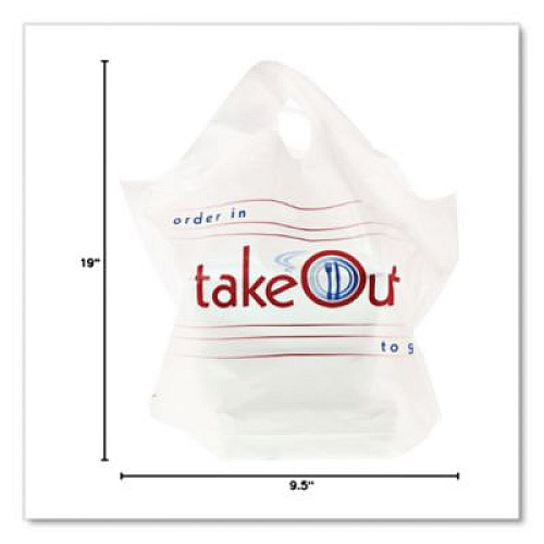 AmerCareRoyal Wave Top To-Go Bags, Take-Out Labeling, Cut-Out Handles, 19" x 9.5" x 19", White/Blue/Red, 500/Carton (RPWB1919)