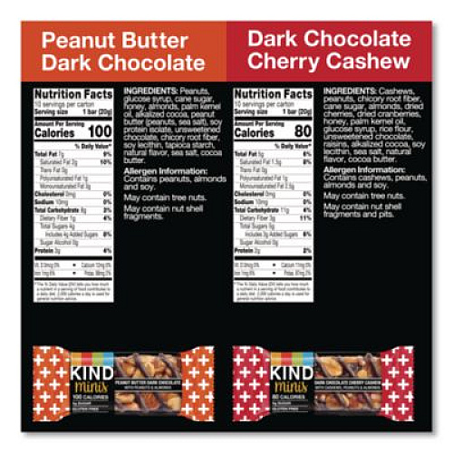 KIND Minis Peanut Butter Dark Chocolate and Dark Chocolate Cherry Cashew Variety Pack, 0.74 oz Bar, 20/Box (43012)
